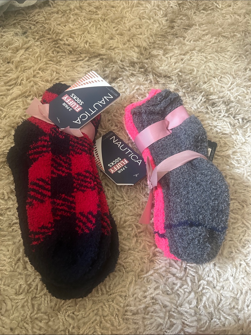 Nautica Adult Plush Slipper Socks in Red/Black Plaid & Gray with Pink Trim